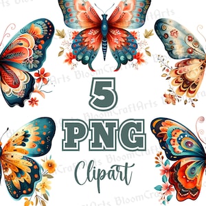Conjunto de imágenes prediseñadas de mariposas bohemias / Imágenes PNG de mariposas en acuarela / Ilustración de mariposas de arte popular coloridas para manualidades, pegatinas y sublimación