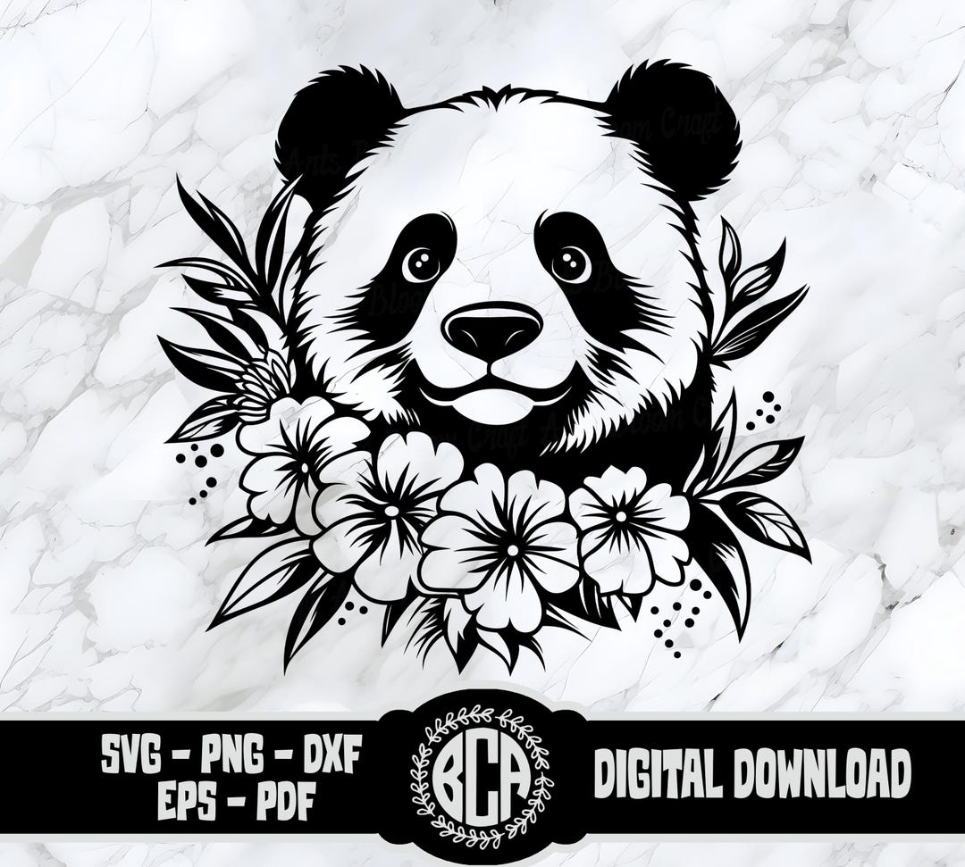 Floral Panda SVG Panda Head With Flowers SVG Cute Panda SVG Kawaii ...