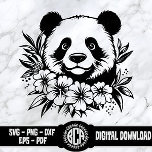 May include: Black and white digital illustration of a panda bear's face with flowers around the head. The panda has a cute expression and is surrounded by flowers.