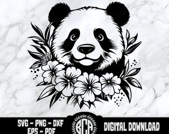 Floral Panda SVG Panda Head with Flowers SVG Cute Panda SVG Kawaii Panda Clipart Boho Panda Svg for Cricut Silhouette and Printing