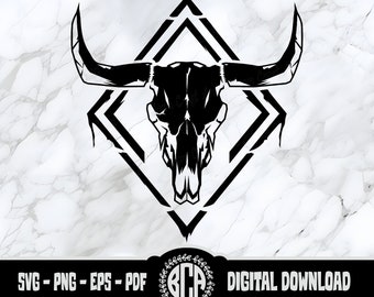 Western Longhorn Skull SVG | Bull Skull Design | Cow Skull on Diamond Frame | Geometric Longhorn Skull PNG | Boho Cow Skull Silhouette File