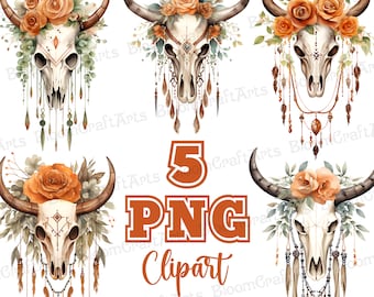 Bundle PNG tête de mort vache bohème, Clipart floral tête de mort de taureau, tête de mort western rustique avec des fleurs, art décoratif tête de mort de vache, tête de mort Boho PNG ensemble