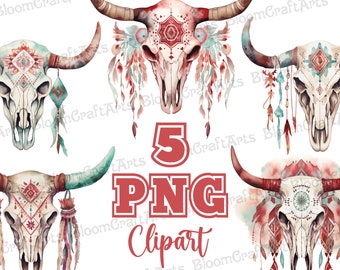 Bundle de cliparts PNG tête de mort bohème | Floral crâne de taureau PNG | Oeuvres d'art de crâne de vache bohème occidental | Motifs tribaux en sublimation de crâne de vache | 5 fichiers PNG