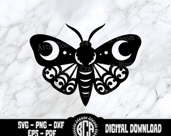 May include: Black and white silhouette of a moth with crescent moons on its wings. The moth has a detailed design with intricate patterns on its wings. The image includes the text "BP DIGITAL DOWNLOAD" and "SVG - PNG - DXF EPS - PDF".