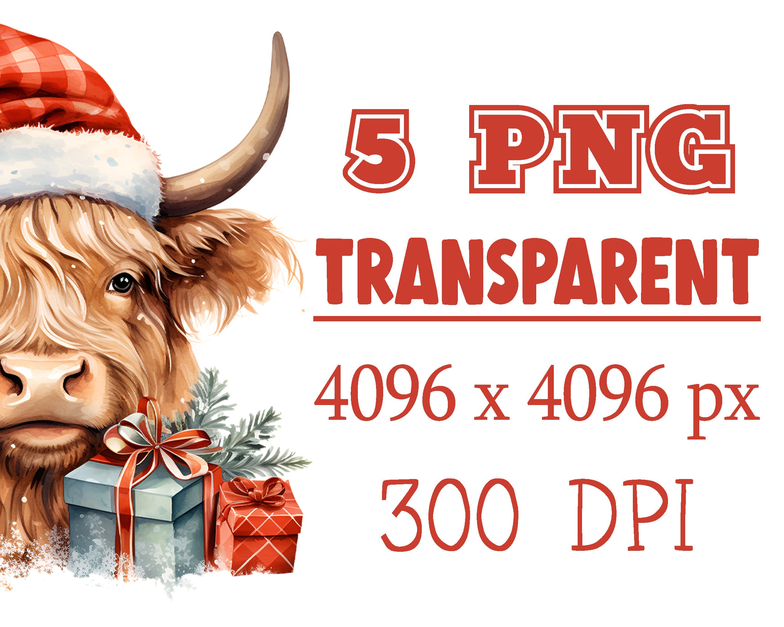 Christmas Highland Cow Clipart PNG Set, Festive Highland Cattle, Xmas ...