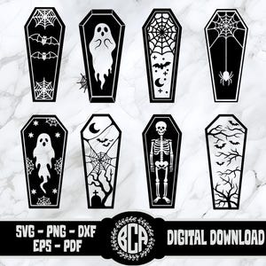 Halloween Coffin SVG Bundle | Coffin PNG Bundle | Spooky Coffins for Halloween crafts | Cricut Halloween Cut Files | Cute Coffin Clipart Set