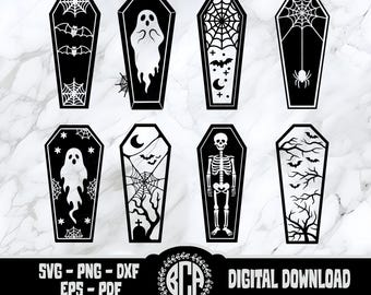Halloween Coffin SVG Bundle | Coffin PNG Bundle | Spooky Coffins for Halloween crafts | Cricut Halloween Cut Files | Cute Coffin Clipart Set