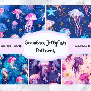 May include: Five seamless patterns featuring watercolour jellyfish with gold accents on a dark blue background with gold stars. The patterns are 3250 x 3250 pixels and are available as 300 dpi PNG files.