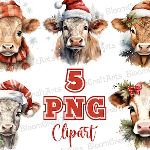 Cute Retro Christmas Cows PNG Watercolor Clipart Set, Holiday Cow Illustrations, Festive Cow Graphics, Xmas Farm Animals Wearing Santa Hats