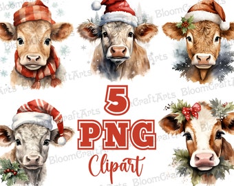 Mignon rétro vaches de Noël PNG aquarelle Clipart ensemble, illustrations de vache de vacances, graphiques de vache festive, animaux de la ferme de Noël portant des chapeaux de Père Noël