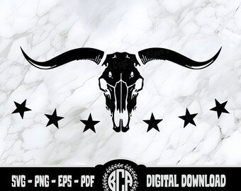 May include: Black and white silhouette of a longhorn skull with large horns. Five black stars are arranged in a row below the skull. The text "SVG - PNG - EPS - PDF DIGITAL DOWNLOAD" is at the bottom of the image.