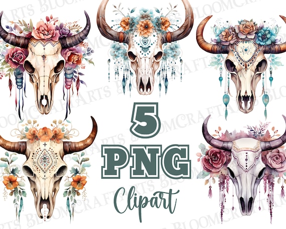 Watercolor Boho Cow Skull Png Clipart Set, Beautiful Floral Longhorn Bull Skull PNG Digital Illustration, Downloadable Paper Crafting Arts