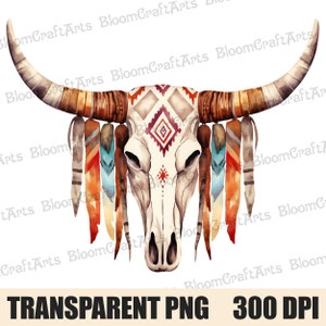 May include: Watercolor painting of a white bull skull with geometric patterns in red, brown, and blue. The skull is decorated with feathers in shades of orange, red, blue, and brown.