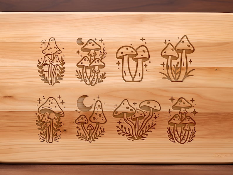 May include: A wooden cutting board with eight different engraved designs of mushrooms. Each design features a cluster of mushrooms with a crescent moon and stars.