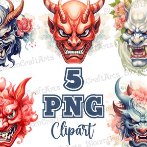 Onimasker png-afbeeldingsset | Japans demonenmasker, png PNGEgg | Aquarel Hannya Art | Tattoo Flash Oni-ontwerp | Digitale download Japanse folklore