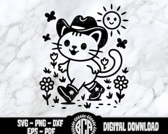 Schattige cowboy kat SVG | Western Cat Cut-bestand voor Cricut & Silhouette | Kat met laarzen kunst | Kawaii cowboykatje SVG | Wild West Kitty SVG-bestand