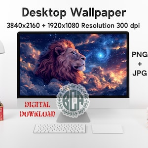 Majestic Galaxy Lion Digital Wallpaper - Cosmic Mane and Starry Sky - Dual Resolution Pack 4K and Full HD, Celestial Desktop Background Art