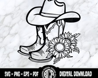 Bottes de cowboy florales SVG | Bottes de cowboy western SVG | Bottes de cowboy et tournesols svg | Bottes de cow-girl et fleurs SVG | Bottes et chapeau de cowboy