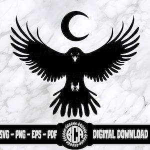 May include: Black silhouette of a raven with wings spread wide, flying against a white marble background. A crescent moon is above the raven. The text "SVG - PNG - EPS - PDF" is at the bottom left of the image. A monogram with the letters "BCA" is in a wreath at the bottom center of the image. The text "DIGITAL DOWNLOAD" is at the bottom right of the image.