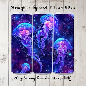 May include: A 20oz skinny tumbler wrap design featuring a galaxy background with glowing jellyfish in shades of blue and purple. The design is 9.3 inches by 8.2 inches and is labeled "Straight + Tapered 20oz Skinny Tumbler Wrap PNG".