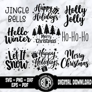 Puede incluir: Diseños digitales navideños en blanco y negro con frases como "Jingle Bells" y "Felices Fiestas". Incluye formatos de archivo: SVG, PNG, DXF, EPS y PDF. Descarga digital.