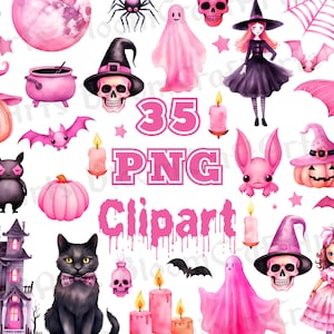 Pink Halloween PNG Bundle, Pastel Witch Clipart, Pink Pumpkin Ghost PNGs, Cute Halloween Graphics, Kawaii Halloween Sublimation