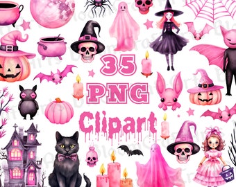 Könnte beinhalten: Ein Set mit 35 rosa Halloween-Clipart-Bildern. Die Bilder beinhalten eine Hexe, ein Gespenst, eine Spinne, eine Fledermaus, einen Kessel, einen Kürbis, eine schwarze Katze, ein Spukhaus, einen Schädel, eine Kerze und einen Mais. Die Bilder sind perfekt zum Erstellen von Halloween-Bastelarbeiten, Dekorationen und Einladungen.