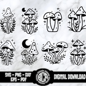 May include: A digital download of ten black and white mushroom illustrations. Each illustration features a cluster of mushrooms with different shapes and sizes. The mushrooms are surrounded by small stars and other decorative elements.