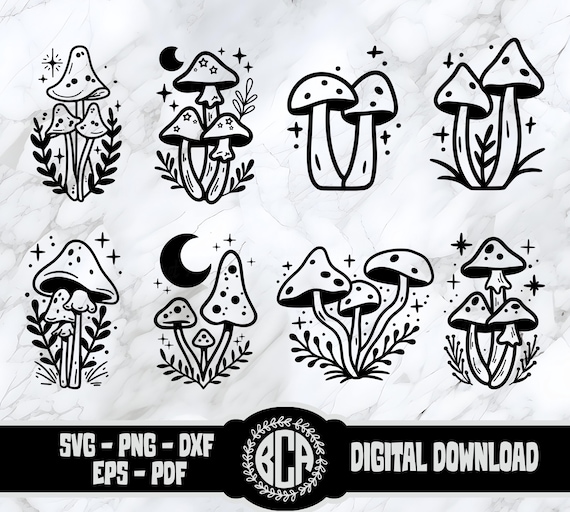 Mystical Mushrooms SVG Bundle | Celestial Mushrooms SVG Set | Hand Drawn Mushrooms PNG | Boho Mushroom Bundle | Cute Mushroom Designs Bundle