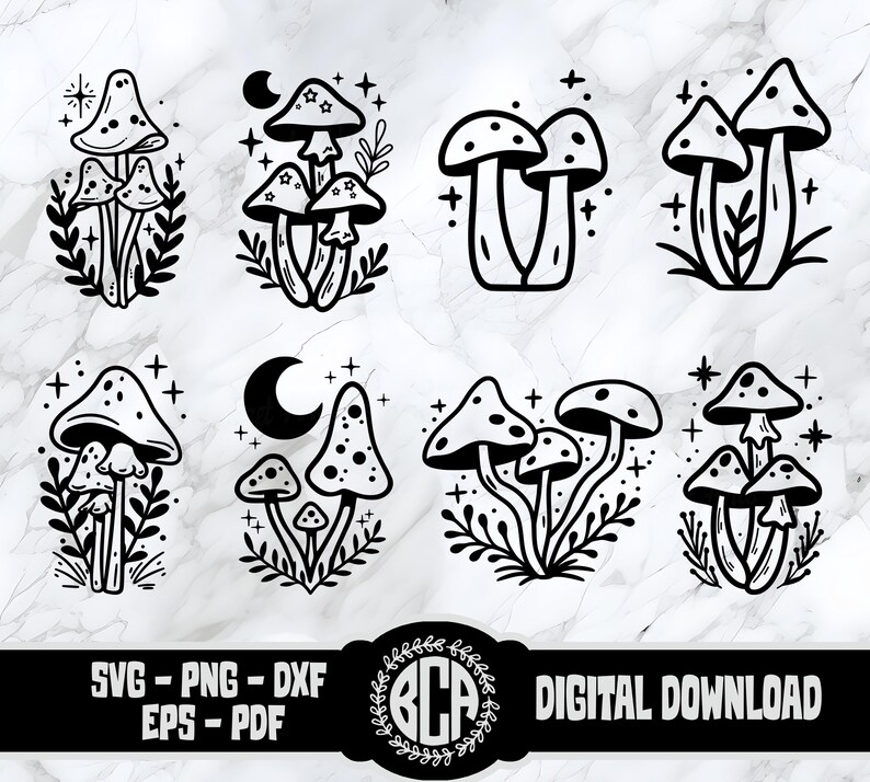 May include: A digital download of ten black and white mushroom illustrations. Each illustration features a cluster of mushrooms with different shapes and sizes. The mushrooms are surrounded by small stars and other decorative elements.