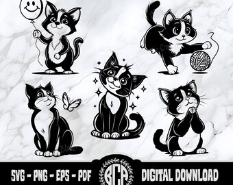 Cute Cat SVG-bundel | Kitten gesneden bestanden voor Cricut en Silhouette | Grappige kat-png voor shirts, mokken en ambachten | Kat met garen-SVG