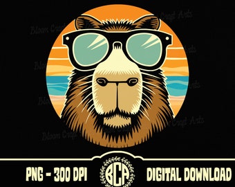Coole capibara-png-bestand | Retro capibara met zonnebrilafbeelding | Grappig zomercapibara-sublimatieontwerp | Trendy dieren-png-afbeelding voor T-shirt