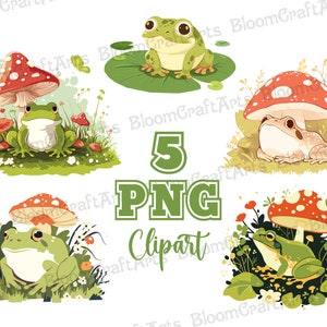 Kawaii Frog PNG Clipart Bundle | Cottagecore Mushroom Frog PNG | Cute Toadstool and Frog Clipart Set | Whimsical Green Frog Illustration
