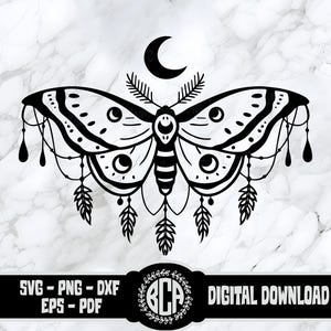 Himmlische Motte SVG | Boho Motte Schnittdatei | Mystische Motte Zeichnung PNG | Mond Motte Design | Traumfänger Motte geschnitten Datei | Himmlischer Schmetterling SVG Art