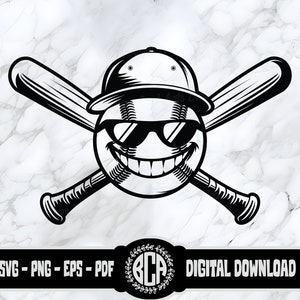 Puede incluir: Ilustración en blanco y negro de una pelota de béisbol con gafas de sol y una gorra de béisbol. La pelota de béisbol lleva una gorra con las letras "BCA" dentro de un círculo. Dos bates de béisbol cruzados están detrás de la pelota de béisbol.