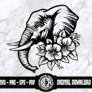 Może przedstawiać: Czarno-biała sylwetka głowy słonia z kwiatowymi akcentami. Trąba słonia jest zwinięta, a kwiaty są ułożone wokół głowy. Obraz jest dostępny do pobrania w formacie cyfrowym.