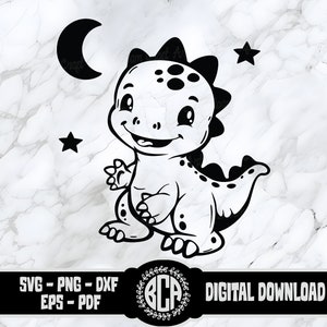 Cute Baby Dinosaur SVG | Baby Dino with Moon for Nursery Wall Art | Baby Dinosaur Silhouette File | Dinosaur Baby DXF | Adorable Dino PNG
