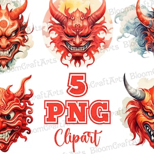 Roter Oni-Maske PNG-Clipart-Set, Aquarell-Oni-Maske Clip Art, japanischer Dämon, Hannya-Maske, Japan Folklore Herunterladbare digitale Kunstwerke