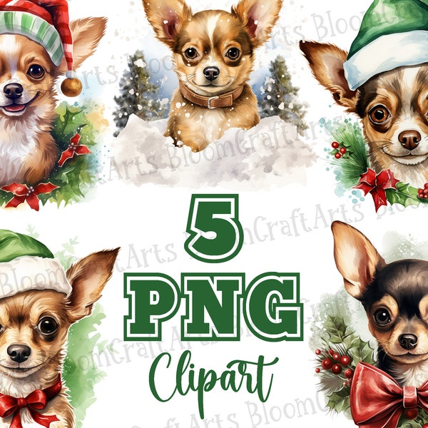 Cute Retro Christmas Chihuahuas PNG Watercolor Clipart Set, Holiday Dog Illustrations, Festive Puppy Graphics, Chihuahua Wearing Santa Hats