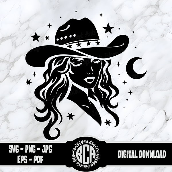 Starry Night Cowgirl SVG, Cosmic Cowgirl Digital Download for Wall Art, Apparel, and Crafting, Cowgirl Silhouette SVG, Boho Cowgirl Graphic