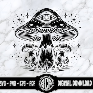 May include: Black and white illustration of three mushrooms with a single eye in the center of the top mushroom. The mushrooms are surrounded by stars.