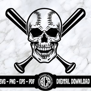 Basebollskalle och korsade slagträn SVG | Basebollträ och skalle digital design | Softbollskalle SVG | Basebolllogotyp Png | Baseboll Clipart