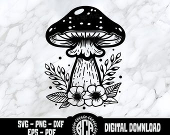 Champignon floral SVG | Boho champignon SVG | Champignon avec fleurs SVG | Clipart champignon mignon | Champignon botanique png | Illustration de champignon