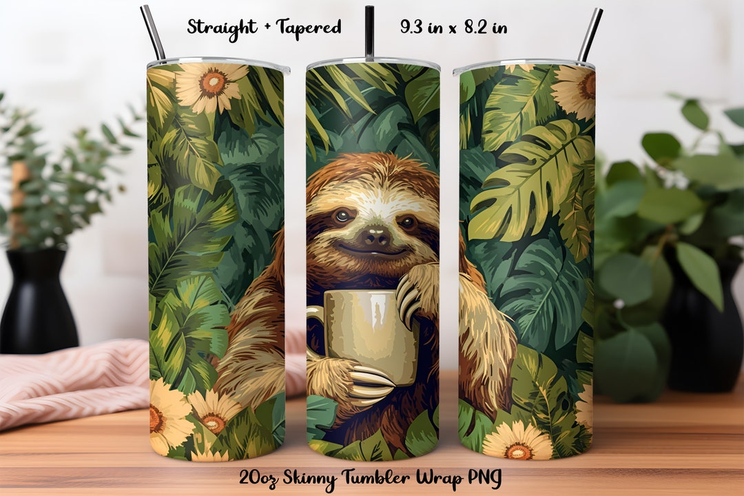 Sloth Coffee Tumbler Wrap PNG | Cute Sloth Drinking Coffee 20oz Skinny ...