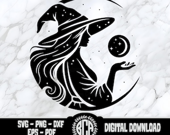 Halloween Witch SVG | Celestial Moon Witch Silhouette | Mystic Witch PNG Cut File | Spiritual Witch Clipart | Gothic Halloween Design