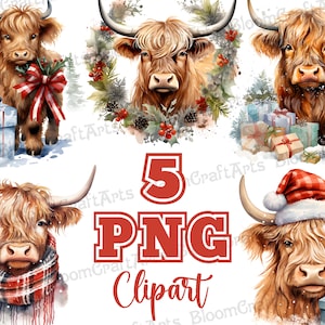 Christmas Highland Cow Clipart PNG Set, Festive Highland Cattle, Xmas Farm Animal Clip Art, Winter Cows, Cute Highland Cow Sublimation Art