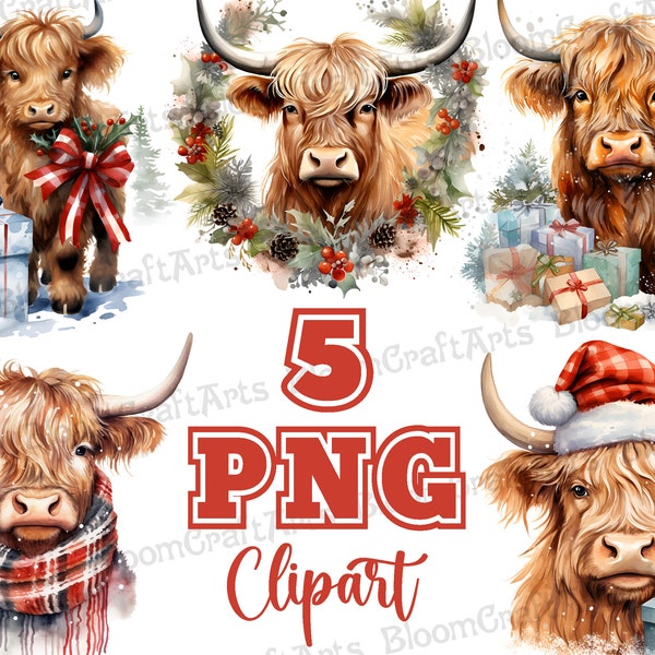 Christmas Highland Cow Clipart PNG Set, Festive Highland Cattle, Xmas Farm Animal Clip Art, Winter Cows, Cute Highland Cow Sublimation Art