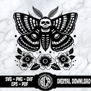 Gothic Moth SVG, Deaths Head Moth SVG, Skull Moth Clipart, Dark Insect Cut File, Witchy Butterfly SVG, Floral Skull Svg Design for Cricut