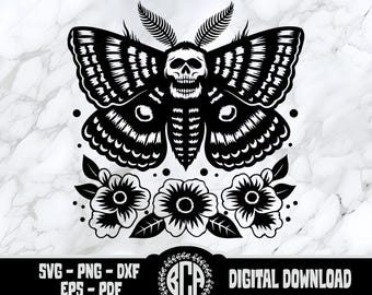 May include: Black and white digital download featuring a moth with a skull face, intricate wing patterns, and floral accents. The design includes the text "SVG - PNG - DXF EPS - PDF" and "DIGITAL DOWNLOAD".