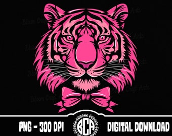 Pink Tiger PNG | Pink Tiger with Bow Tie Graphic | Pink Tiger Clipart | Preppy Tiger Design | Glamorous Pink Tiger PNG | Stylish Tiger Art